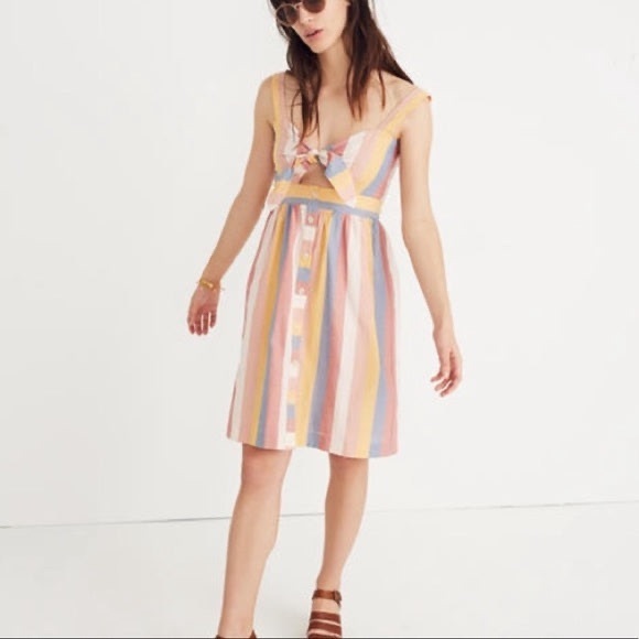 Madewell Dresses & Skirts - Madewell rainbow stripe tie bow front midi dress women’s 10